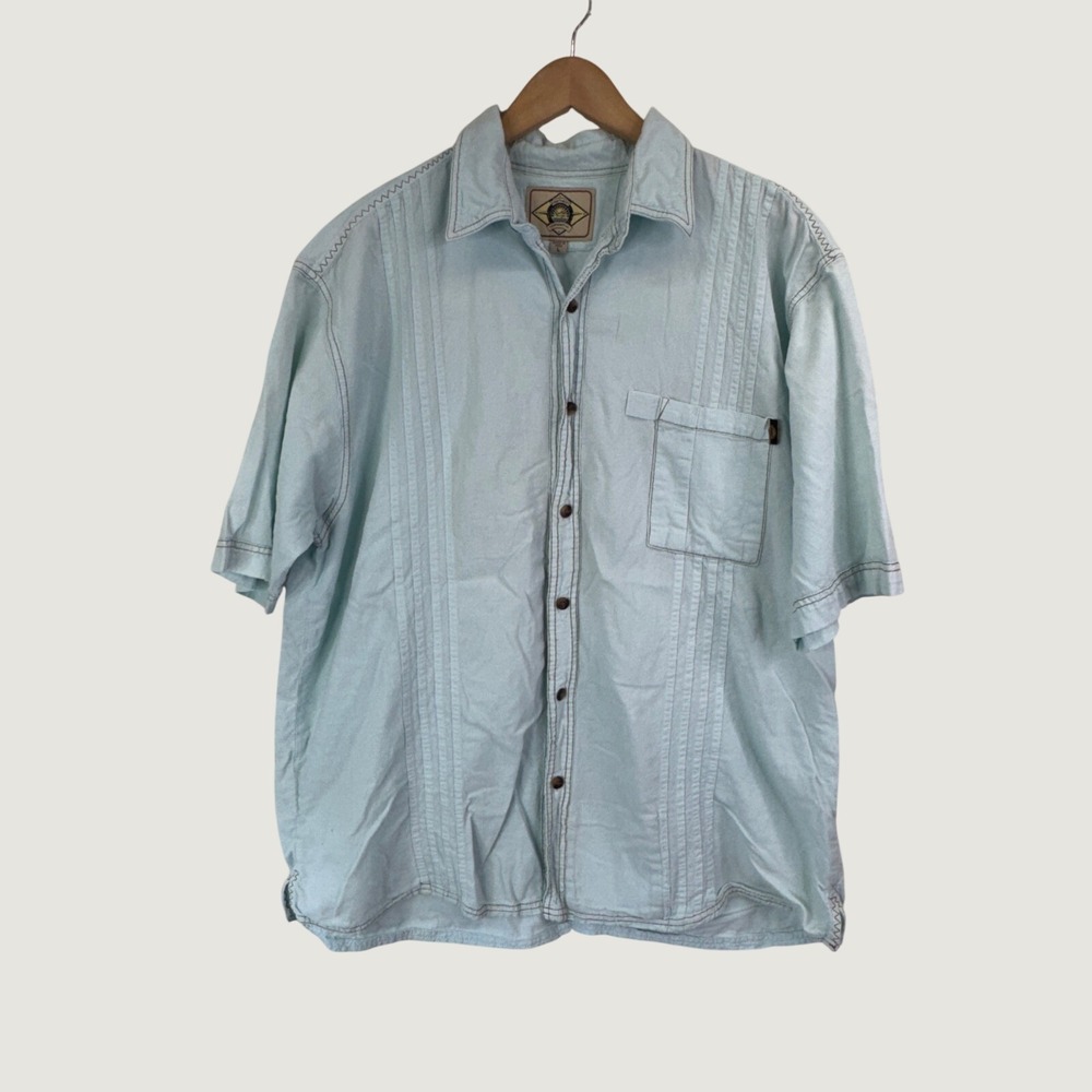 Scully Guayabera Shirt Large Blue Cotton Short Sleeve Western Coastal Boho